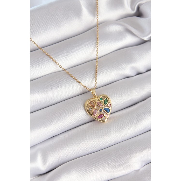 316L Stainless Steel Gold-Colored Heart-Shaped Pendant with Colored Zircon Stones for Women - TJ-BKO8329