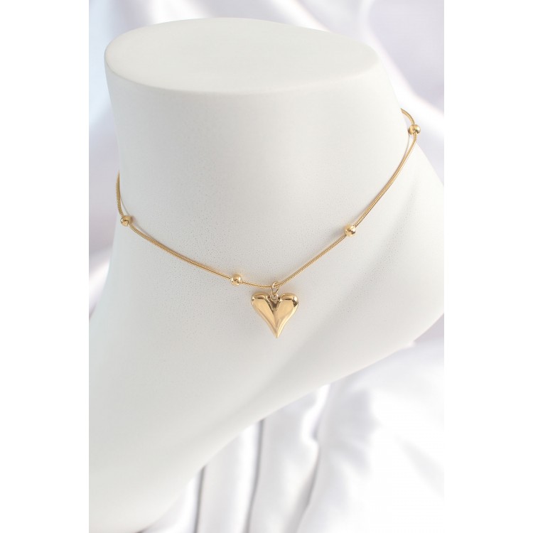 316L Steel Gold Color Minimal Bead Detail Heart Figure Women's HalHal - TJ-HH1532