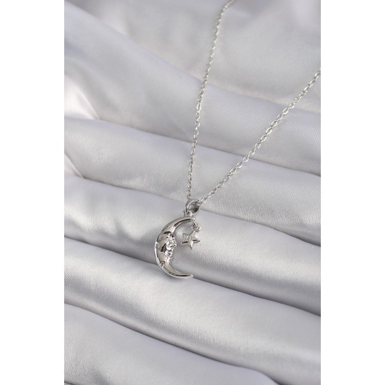 316L Steel Silver Color Zircon Stone Crescent Moon Model Women's Necklace - TJ-BKO8345