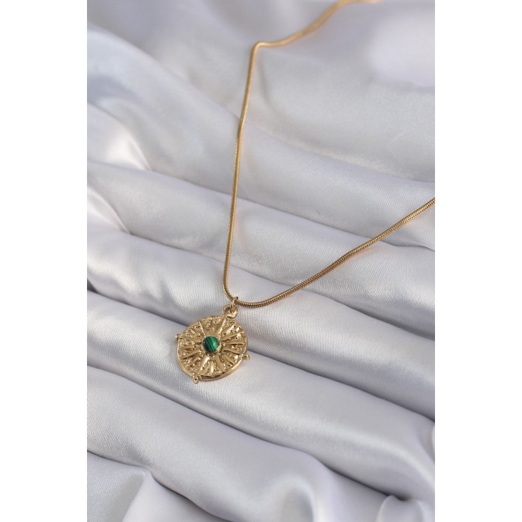 316L Steel Gold Color Green Stone North Star Engraved Medallion Model Women's Necklace - TJ-BKO8355