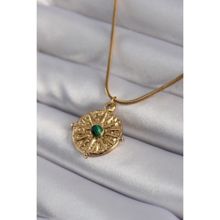 316L Steel Gold Color Green Stone North Star Engraved Medallion Model Women's Necklace - TJ-BKO8355