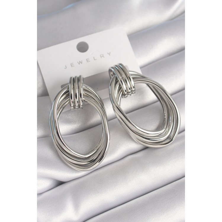 Brass Silver Color Oval Model Women's Earrings - TJ-BKP8730