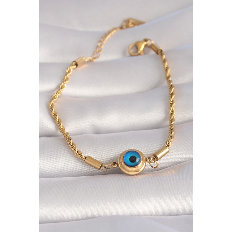316L Steel Gold Color Twisted Chain Evil Eye Bead Model Women's Bracelet - TJ-BB5995 316L Steel Gold Color Twisted Chain Evil Eye Bead Model Women's Bracelet - TJ-BB5995