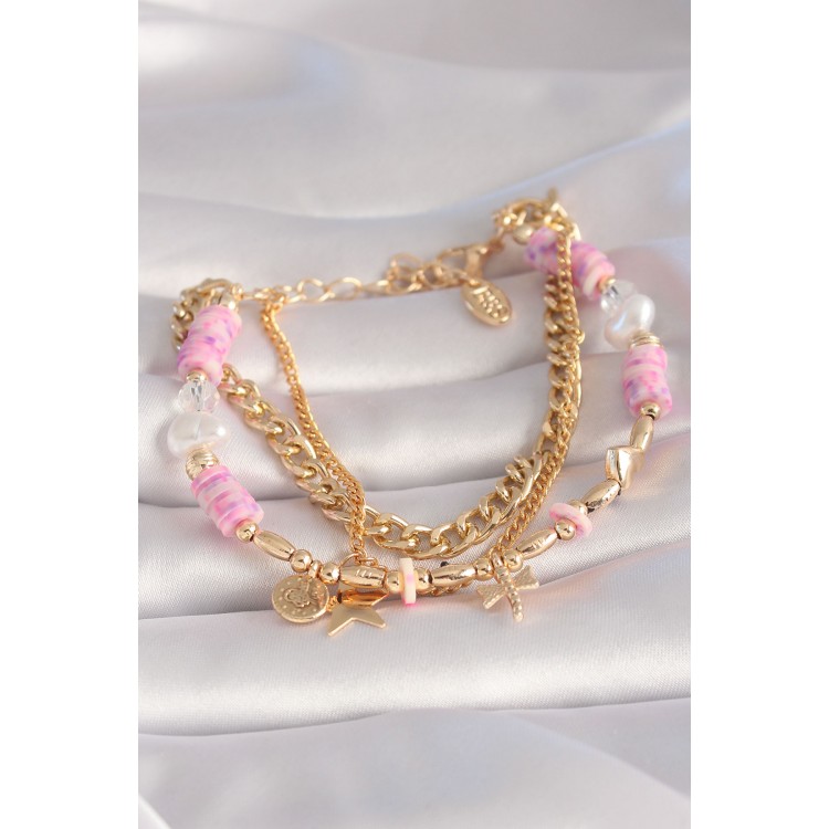 Gold-Colored Pink Beaded Star Figure Multi-Strand Women's Bracelet - TJ-BB5996