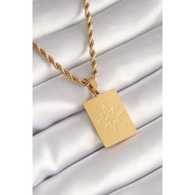 316L Steel Gold Color Twisted Chain North Star Engraved Plate Figure Women's Necklace - TJ-BKO8451 316L Steel Gold Color Twisted Chain North Star Engraved Plate Figure Women's Necklace - TJ-BKO8451