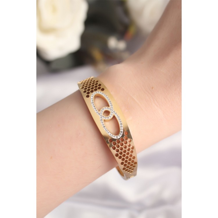 316L Steel Gold Color Zircon Stone Women's Cuff Bracelet - TJ-BB6022