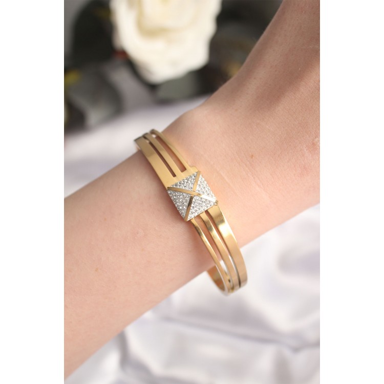 316L Steel Zircon Stone Gold Color Women's Cuff Bracelet - TJ-BB6024