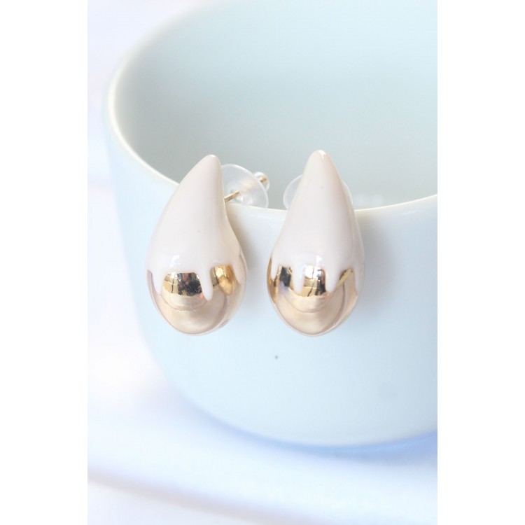 Minimal White Enamel Two-Tone Drop Earrings - TJ-BKP8866 Minimal White Enamel Two-Tone Drop Earrings - TJ-BKP8866
