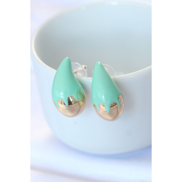 Minimal Turquoise Stone Double-Tone Drop Earrings - TJ-BKP8867 Minimal Turquoise Stone Double-Tone Drop Earrings - TJ-BKP8867