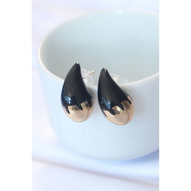 Minimal Black Enamel Two-Tone Drop Earrings - TJ-BKP8868 Minimal Black Enamel Two-Tone Drop Earrings - TJ-BKP8868