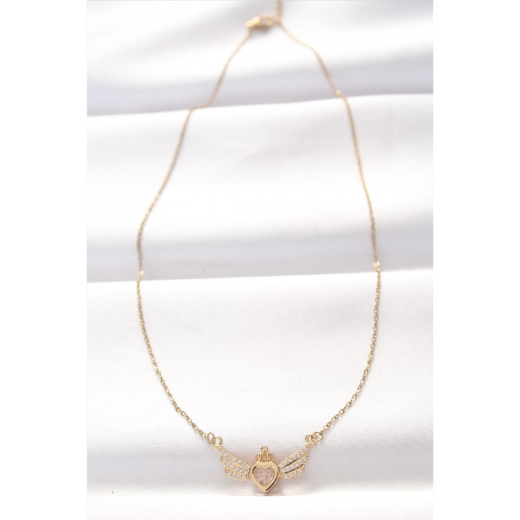 316L Steel Gold-Colored Zircon Stone Heart Wing Necklace - TJ-BKO8516