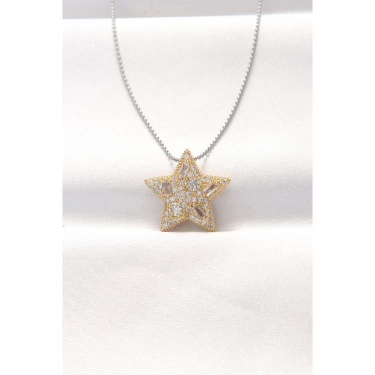 316L Stainless Steel Two-Tone Zircon Stone Star Necklace - TJ-BKO8520