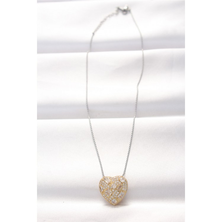 316L Steel Two-Tone Zircon Stone Heart Necklace - TJ-BKO8521