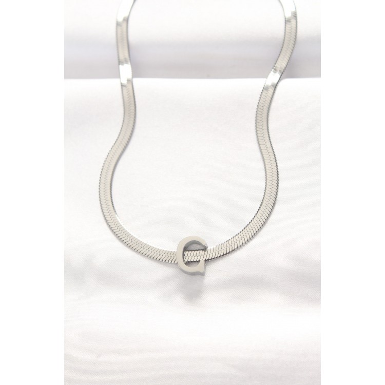 316L Stainless Steel Silver-Colored Italian Chain Necklace with C Letter - TJ-BKO8538
