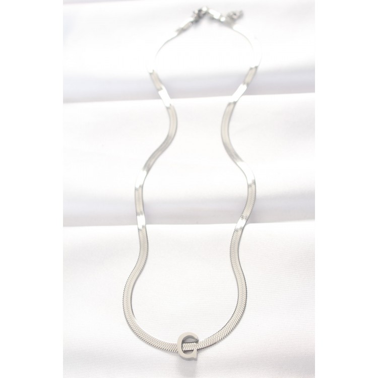 316L Stainless Steel Silver-Colored Italian Chain Necklace with C Letter - TJ-BKO8538