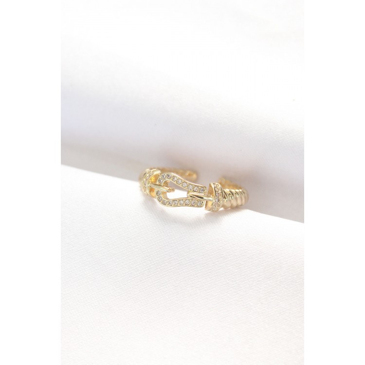 Gold-Colored Zircon Stone Adjustable Ring with Buckle Design - TJ-BYK3099