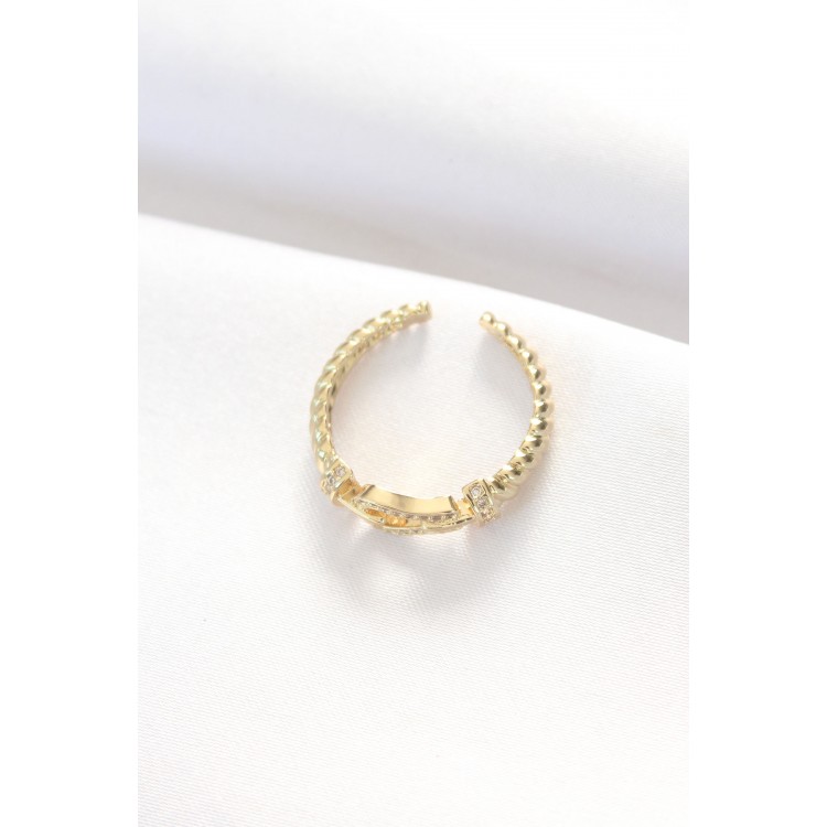 Gold-Colored Zircon Stone Adjustable Ring with Buckle Design - TJ-BYK3099