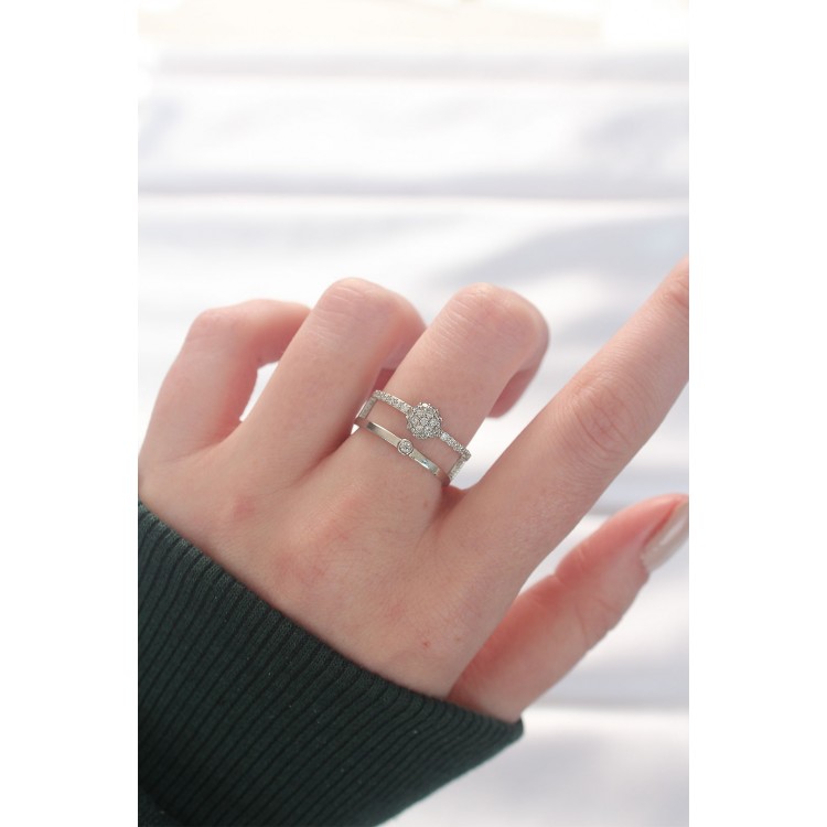 2-Piece Bead Design Silver Color Adjustable Ring - TJ-BYK3141