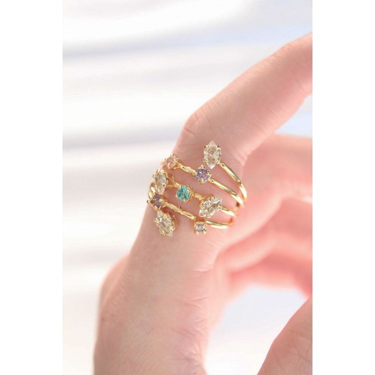 Gold Color Adjustable Ring with Colored Zircon Stones - TJ-BYK3128 Gold Color Adjustable Ring with Colored Zircon Stones - TJ-BYK3128