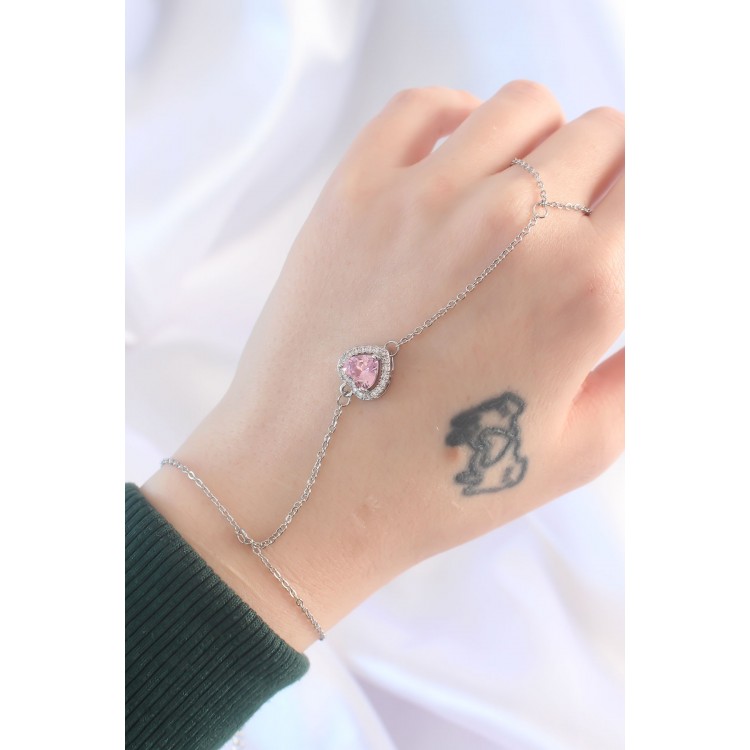 316L Steel Silver Color Pink Zircon Stone Heart Model Shahmeran - TJ-SN582