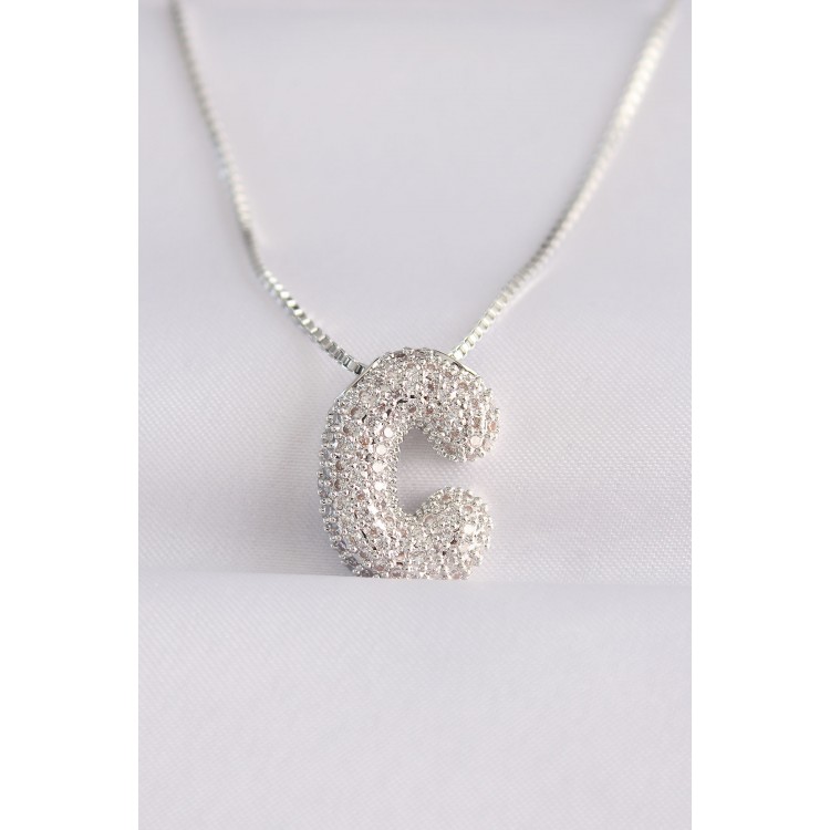 316L Stainless Steel Chain with Zircon Stones, C Letter, Silver Color Bubble Necklace - TJ-BKO8579