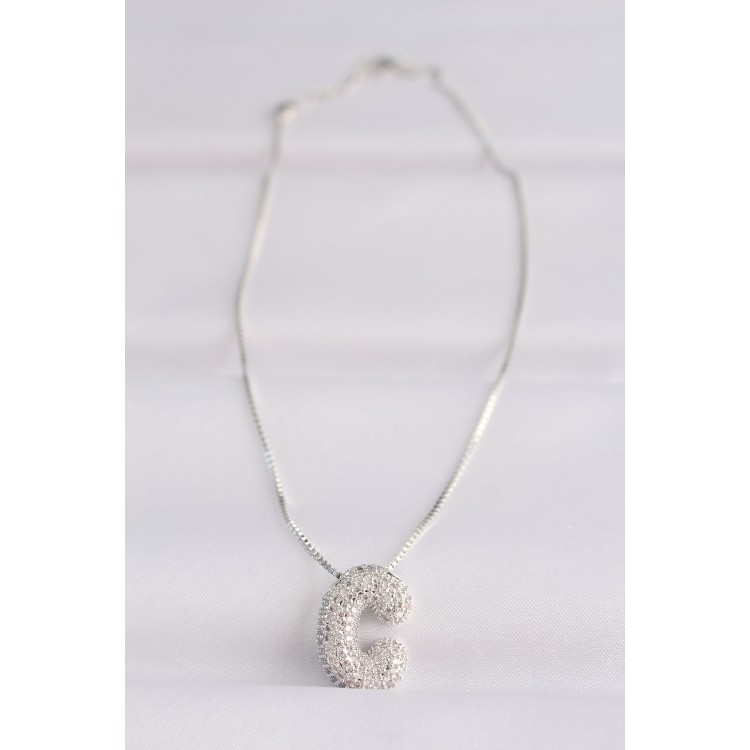 316L Stainless Steel Chain with Zircon Stones, C Letter, Silver Color Bubble Necklace - TJ-BKO8579