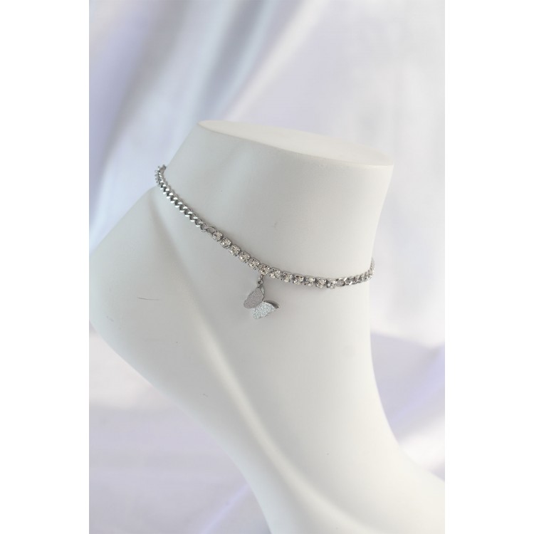 316L Stainless Steel Silver-Colored Zircon Stone Butterfly Design Anklet - TJ-HH1572