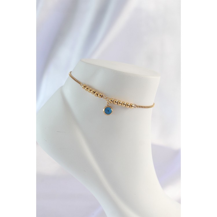 316L Steel Gold Color Minimal Nazar Beaded Anklet - TJ-HH1579