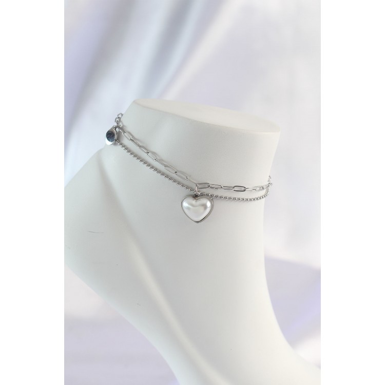 316L Stainless Steel Silver Color White Heart 2-Piece Anklet - TJ-HH1585