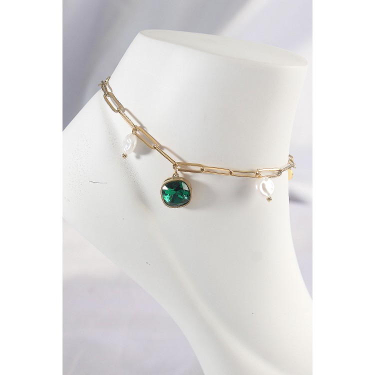 316L Steel Gold Color Emerald Stone Design Anklet - TJ-HH1592