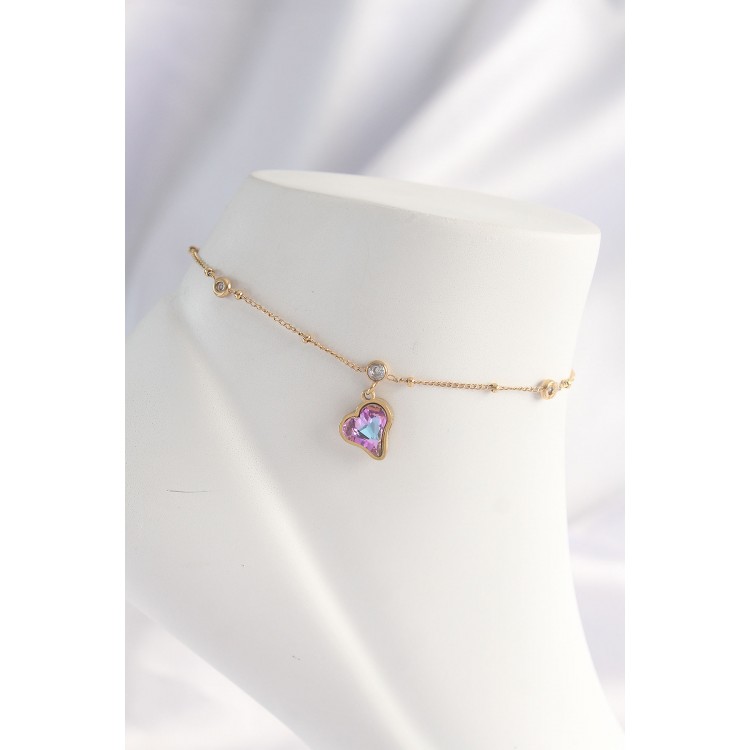 316L Stainless Steel Gold-Colored Heart Anklet with Colored Zircon Stones - TJ-HH1609