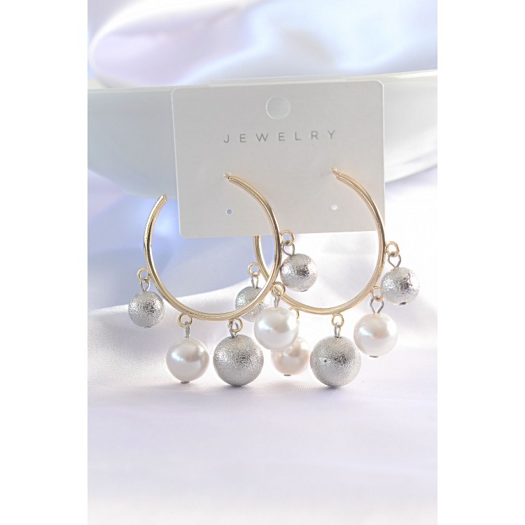 Silver-Colored Rice-Shaped Stud Earrings with Gold-Colored Hoop - TJ-BKP8907 Silver-Colored Rice-Shaped Stud Earrings with Gold-Colored Hoop - TJ-BKP8907