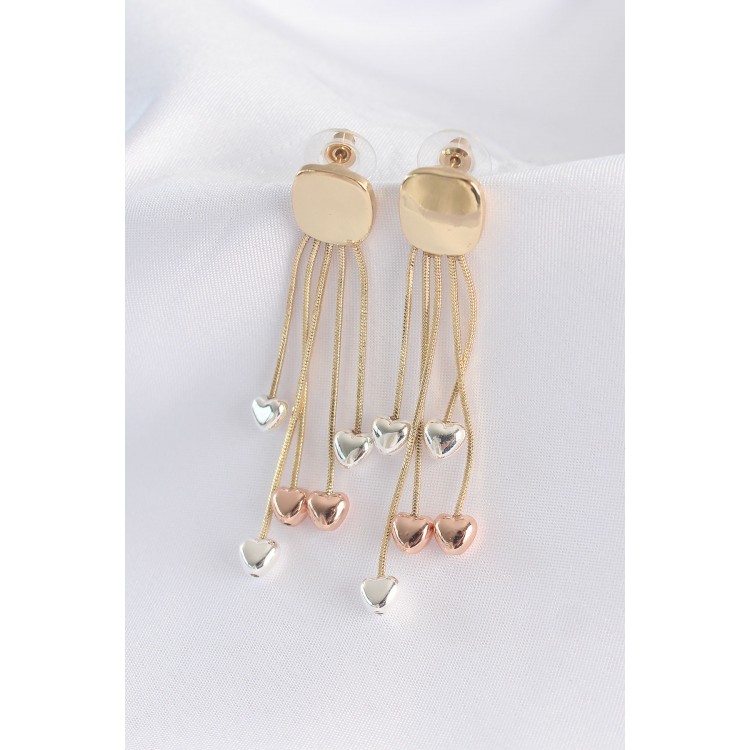 Gold-Colored Flat Plate Earrings with Colored Heart Detail - TJ-BKP8911 Gold-Colored Flat Plate Earrings with Colored Heart Detail - TJ-BKP8911