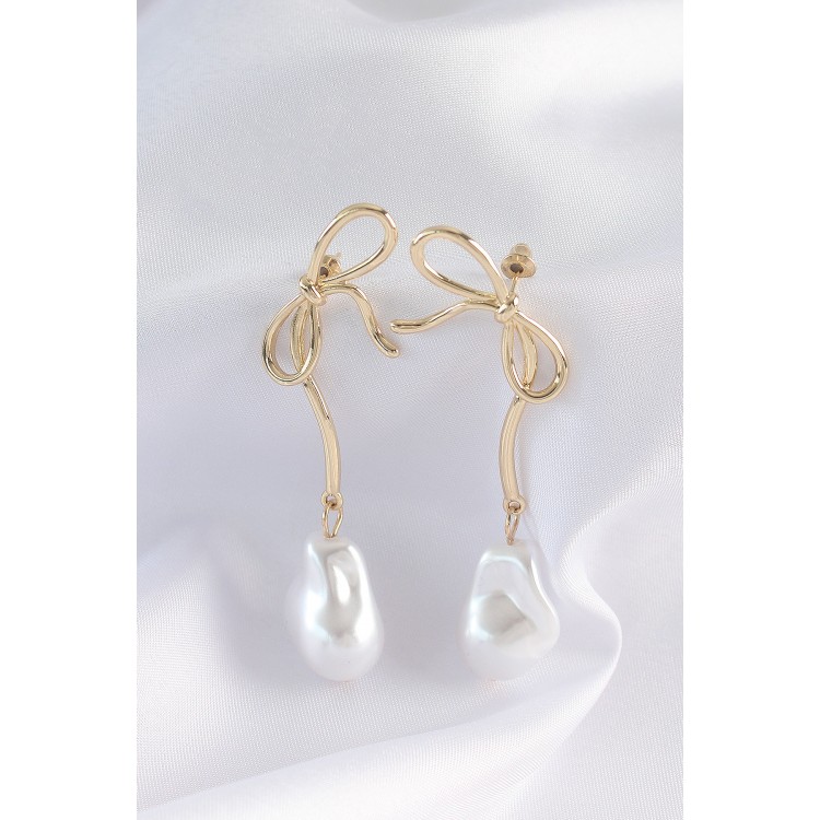 Gold-Colored Bow-Shaped Pearl Stud Earrings - TJ-BKP8923 Gold-Colored Bow-Shaped Pearl Stud Earrings - TJ-BKP8923