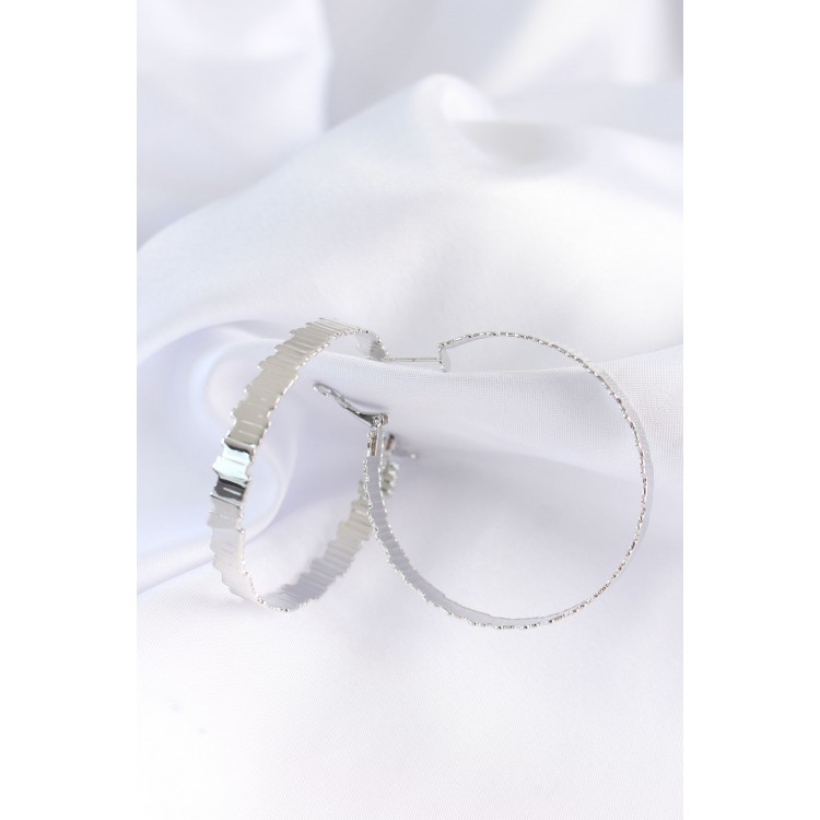 Brass Silver Color Ridged Hoop Earrings - TJ-BKP8925