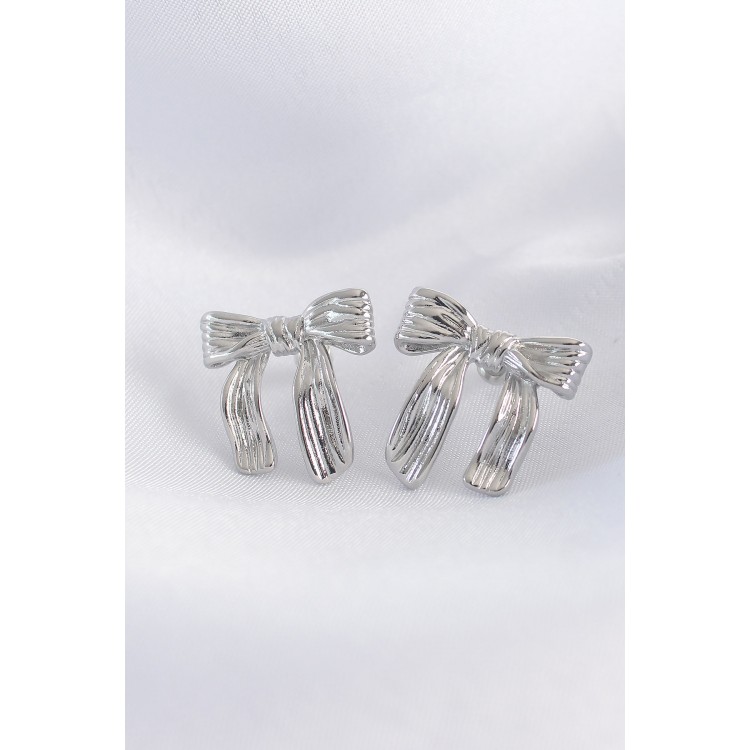 Silver-Tone Rice-Shaped Earrings with Bow Detail - TJ-BKP8935