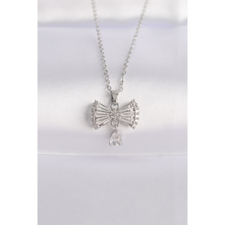 316L Steel Chain Silver Color Zircon Stone Heart Detail Bow Necklace - TJ-BKO8602