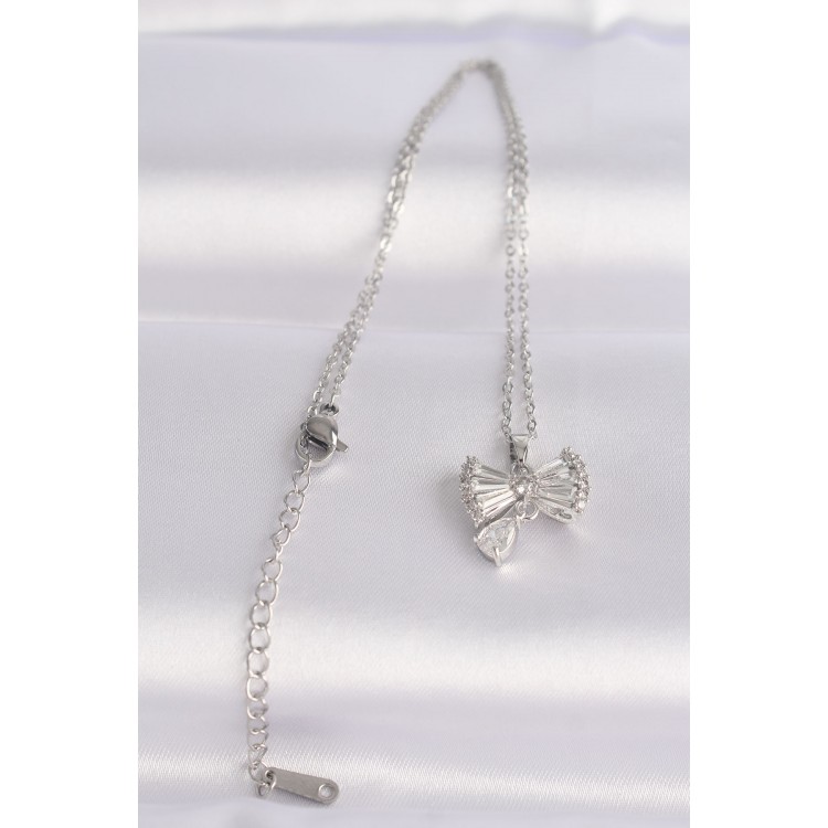 316L Steel Chain Silver Color Zircon Stone Heart Detail Bow Necklace - TJ-BKO8602