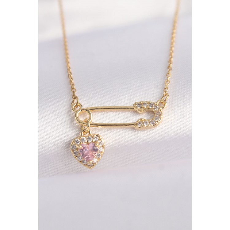 316L Stainless Steel Chain Gold-Tone Zircon Stone Heart Detail Hook Pin Design Necklace - TJ-BKO8620