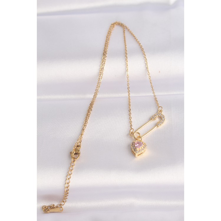 316L Stainless Steel Chain Gold-Tone Zircon Stone Heart Detail Hook Pin Design Necklace - TJ-BKO8620