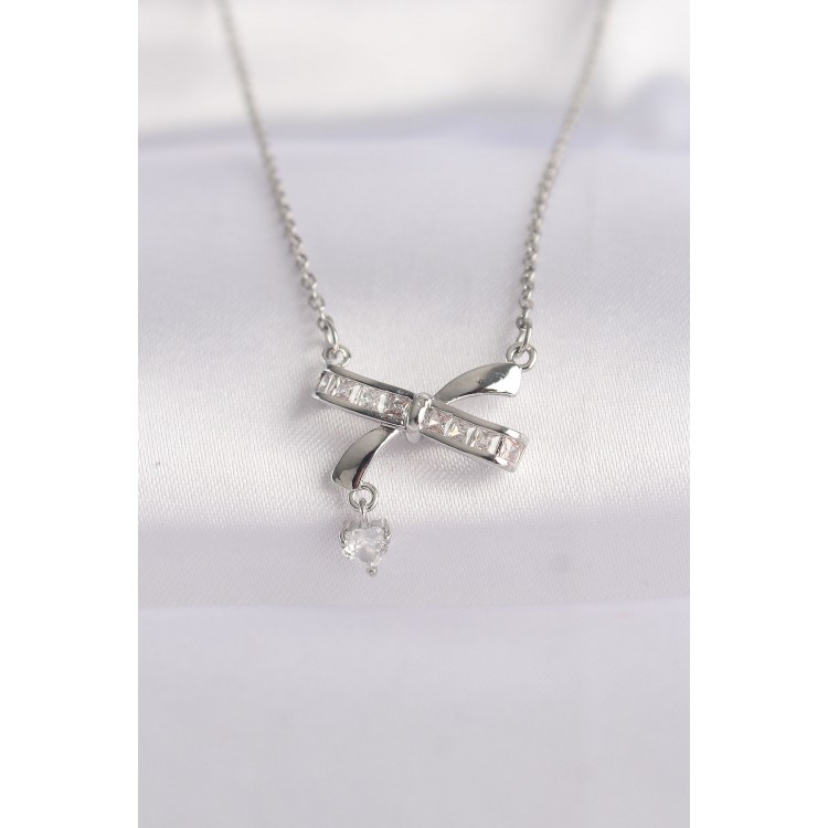 316L Steel Chain Silver Color Zircon Stone Heart Detail Bow Necklace - TJ-BKO8621