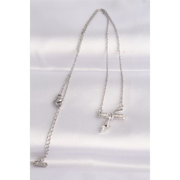 316L Steel Chain Silver Color Zircon Stone Heart Detail Bow Necklace - TJ-BKO8621
