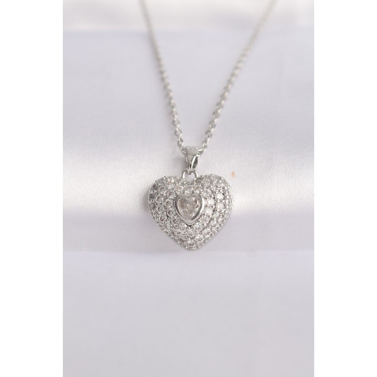 316L Stainless Steel Chain Silver-Tone Zircon Stone Heart Necklace - TJ-BKO8623
