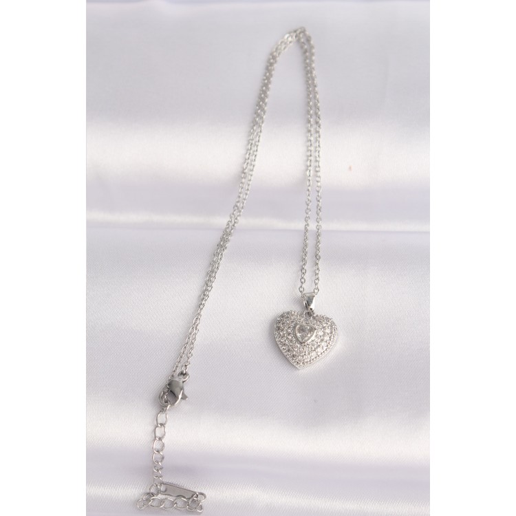 316L Stainless Steel Chain Silver-Tone Zircon Stone Heart Necklace - TJ-BKO8623