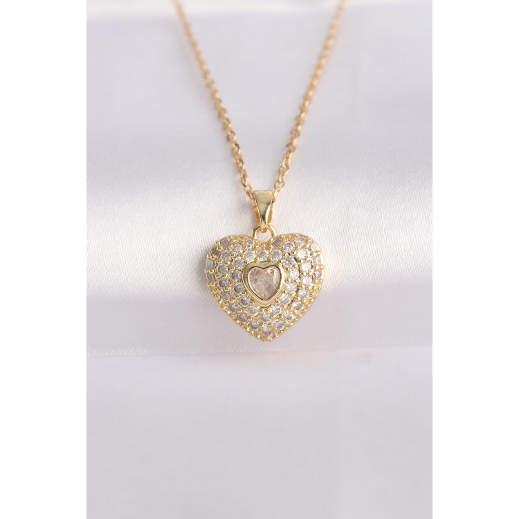 316L Stainless Steel Chain Gold-Tone Zircon Stone Heart Necklace - TJ-BKO8624