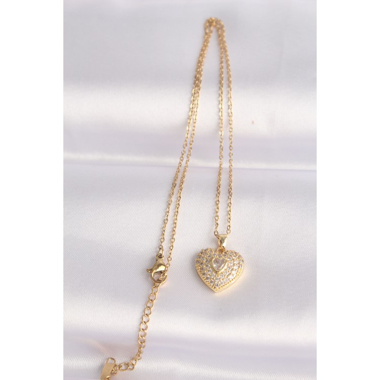 316L Stainless Steel Chain Gold-Tone Zircon Stone Heart Necklace - TJ-BKO8624