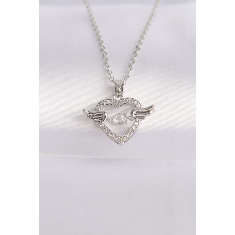 316L Stainless Steel Chain Silver-Colored Zircon Stone Winged Heart Necklace - TJ-BKO8627