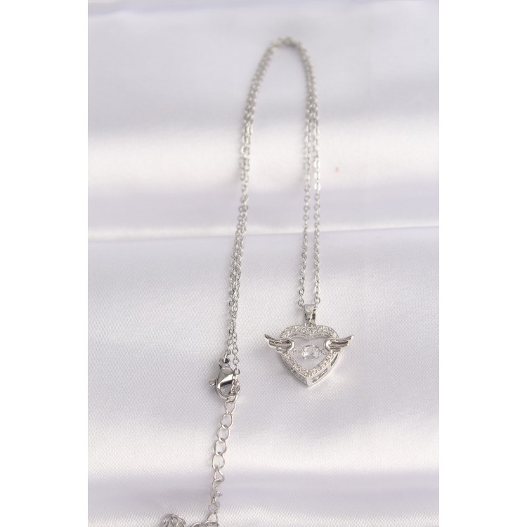 316L Stainless Steel Chain Silver-Colored Zircon Stone Winged Heart Necklace - TJ-BKO8627