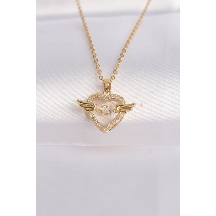 316L Stainless Steel Chain Gold-Tone Zircon Stone Winged Heart Necklace - TJ-BKO8628