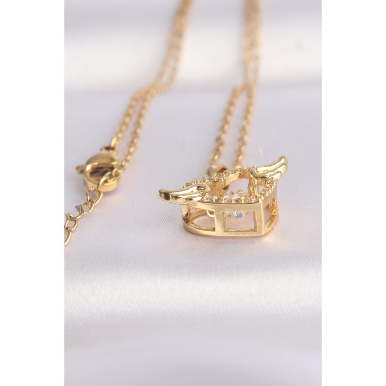 316L Stainless Steel Chain Gold-Tone Zircon Stone Winged Heart Necklace - TJ-BKO8628